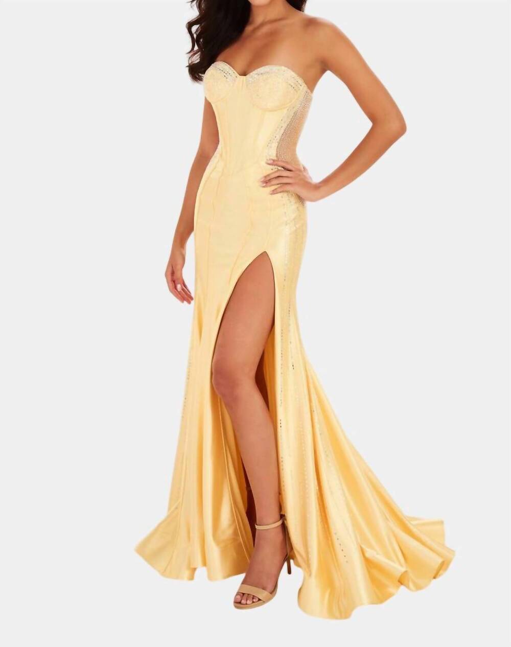 NEW ELLIE WILDE satin mermaid gown with slit in yellow